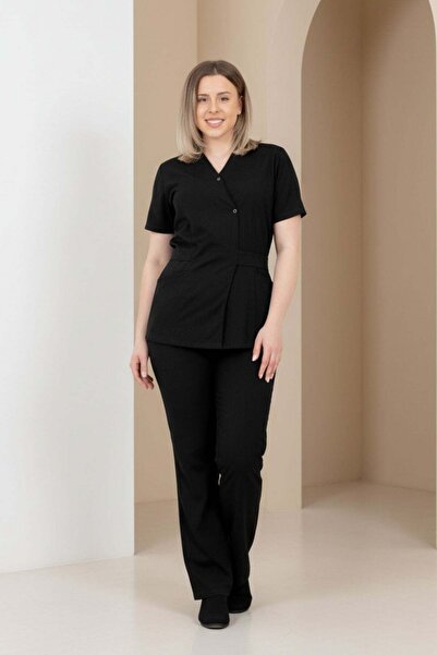 DEMOTEKS Black Elastane Medical Gown Suit, Kimono Type Uniform Blouse with Pants, Doctor Nurses