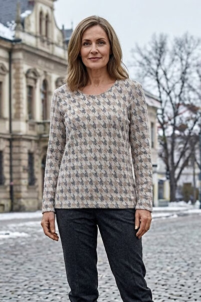 YXL COLLECTION Women's Plus Size Stretch Fabric Crew Neck Houndstooth Pattern Soft Sweater Mom Blouse