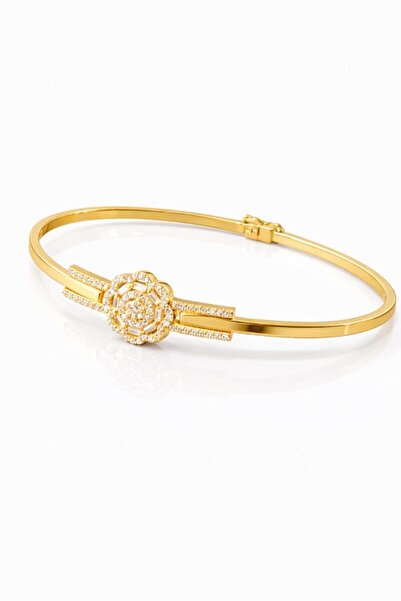 Çgk Çiğdem Gürel Kuyumculuk 8K Altın Taşlı Çiçek Detaylı Kelepçe Bilezik – Açılır Kilitli