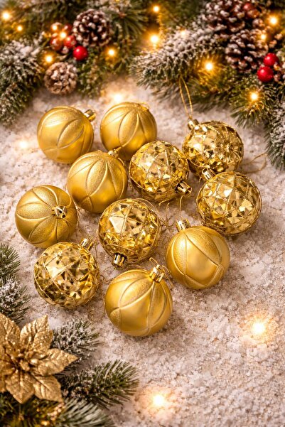 Derin Düşler زينة شجرة عيد الميلاد على شكل كرة ذهبية مقاس 6 سم، عبوة من 12 قطعة