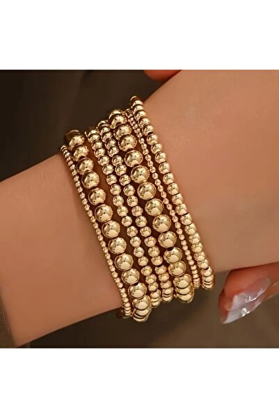 Choice Gold 7PCS Golden Bead Bracelet Set for Women Flexible Stretch Fit, Min...