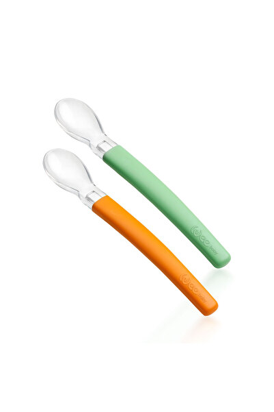 Wee Baby Set of 2 Food Spoons with Silicone Tips - Green-Orange