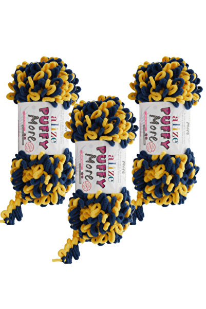 Alize Puffy More Hand Knitting Yarn 3 Pieces – 6631 Yellow Navy Blue – Fan Colors – Blanket, Scarf, Vest
