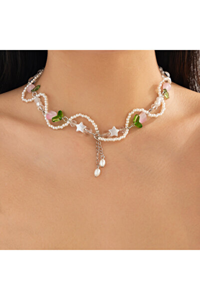 Choice قلادة توليب كوتاج كور مزينة بخرز اللؤلؤ على شكل زهرة توليب وقوس نجمة، قلادة تشوكر للنساء والفتيات، قلادة حلوة