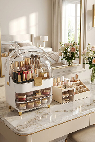 MAKRİ HOME منظم متعدد الأقسام للمكياج ومستحضرات التجميل مع أدراج شفافة باللون الأبيض ومنظم ذو أدراج مزدوجة