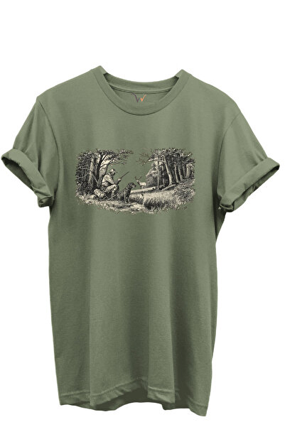 WİDİ Forest Scene with Nature and Hunting Concept Printed 100% Cotton Regular Fit Crew Neck Unisex T-Shirt