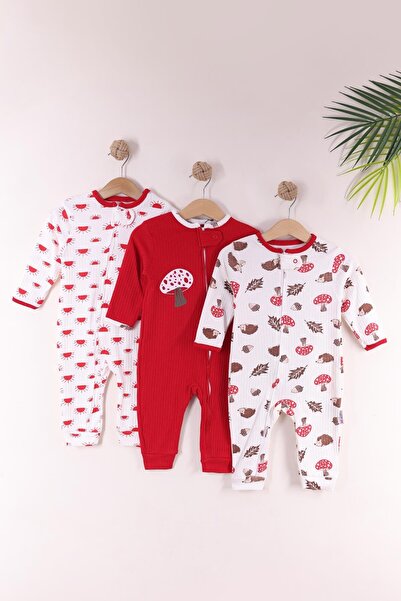 kidello Red Baby Boy 100% Cotton Zippered 3-Piece Mushroom Hedgehog Patterned Cuffed Romper Set (9 Months 12 Months 18 Months)