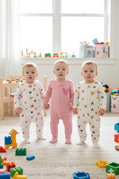 kidello Pink baby girl 100% cotton zippered 3-piece heart patterned cuffed romper set (9 months, 12 months, 18 months)