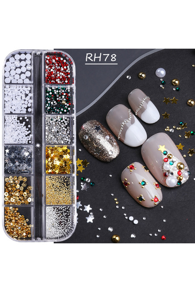 Choice RH78 12 Grids Christmas Nail Art Decor Green Red Rhinestones Star Pearl Steel Ball Nail Charms Jewel