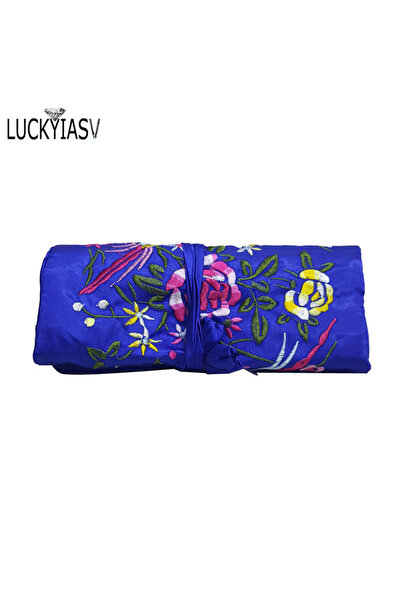 Choice منظم مجوهرات سفر أزرق بتطريز كلاسيكي، قابل للطي، حقيبة مجوهرات ملفوفة للسفر - خواتم وقلائد