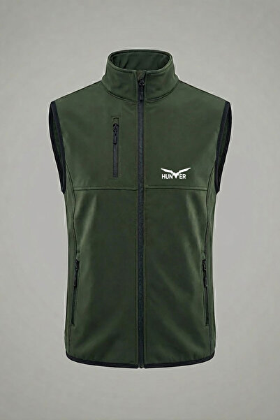 WİDİ Hunting Hunting Hunter Lettering Printed Minimal Water and Wind Resistant Men's Softshell Outdoor Khaki Vest