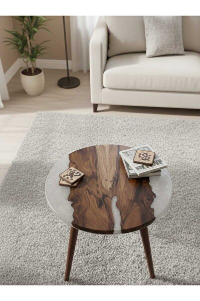 SUR AHŞAP EPOKSİ Ceviz Ağacından El Yapımı Ahşap Epoksi Tekli Yuvarlak Sehpa - Beyaz Renk Epoksi - 42*40 cm