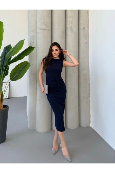 modapark.ist Women's Draped Skuba Crepe Fabric Midi Dress