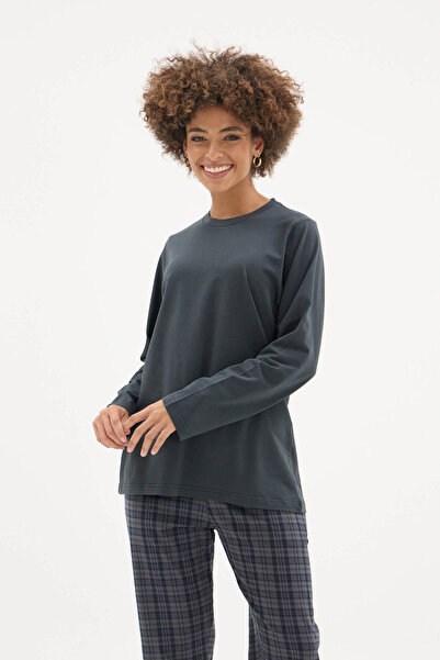 KLY Kadın Bisiklet Yaka Ekose Desenli Şık Tasarım Pijama Takımı