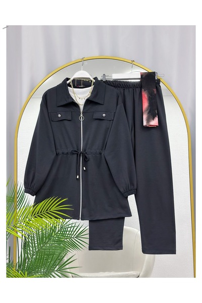 YEDİLALE Shirt Collar Zippered Lace-Up Double Set [Includes Jacket and Pants]