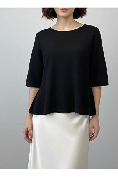 Maysev Crew Neck Short Sleeve Peplum Flared Hem Viscose Knit Blouse