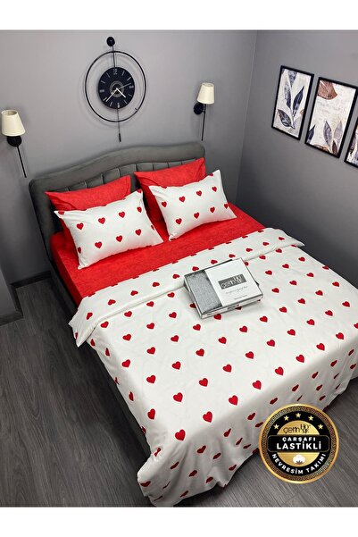 Çetinhome Çarşafı Lastikli Çift Kişilik Nevresim Takımı Kalp Kırmızı