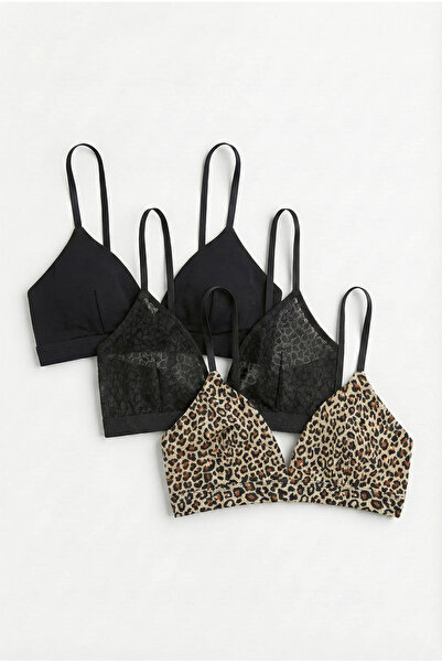 HNX 3-Piece Women's Bralette Set - Lace, Leopard Print, and Basic Black Cotton Bralette Set