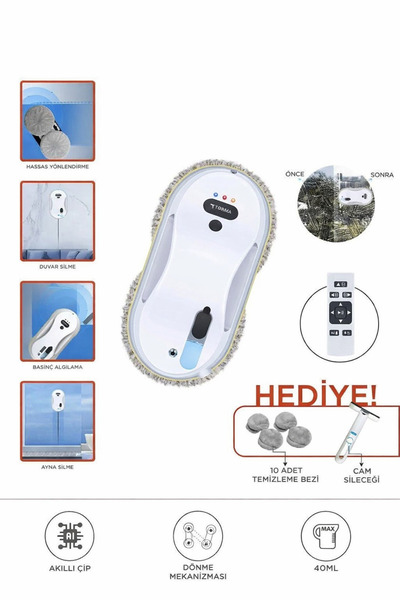 Torima S9 Beyaz Su Püskürtmeli Uzaktan Kumandalı Cam Pencere Temizleme Robotu
