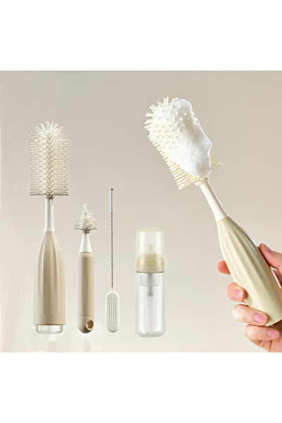 Choice مجموعة فرشاة تنظيف زجاجات الأطفال من السيليكون البيج، 4 قطع: قابلة لإعادة التعبئة، متعددة الوظائف، تعمل بالضغط لتوزيع السائل