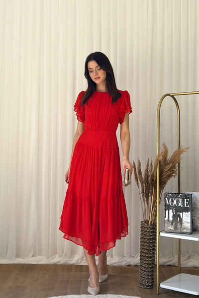 Klex فستان سهرة ميدي بأكمام قصيرة من الشيفون مع تنورة متعددة الطبقات