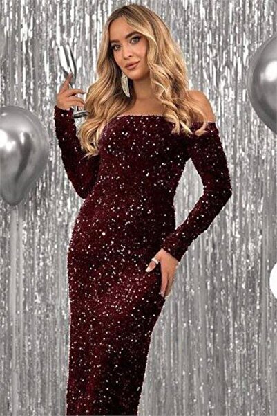 Neşeli Butik rochie de designer cu paiete cu mâneci lungi, cu umăr deschis, pentru femei, NBEMP2834