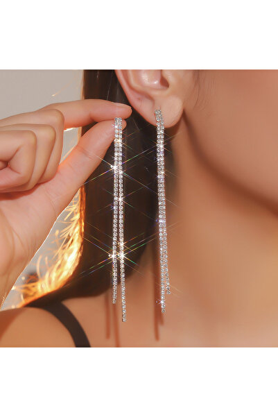 Choice Silvery New Korean Style Earrings, Long Tassel Rhinestone Earrings, Trendy Earrings, Versatile and S