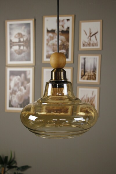 Bamyum Lumsa Cam Bal Rengi Tekli Avize Ahşap Boncuk Başlık Retro Sarkıt Lamba...