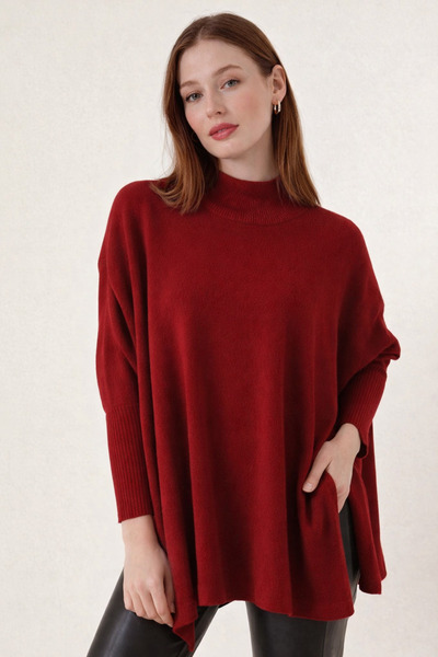 MISSRUBA Kadın Yırtmaçlı Bordo Panço Kazak DP0001