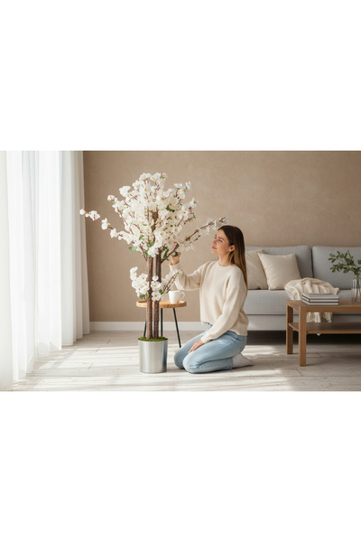 ERHAN FLOWERS YAPAY SALON ÇİÇEGİ YAPAY AĞAÇ beyaz bahar dalı 120 cm metal saksı
