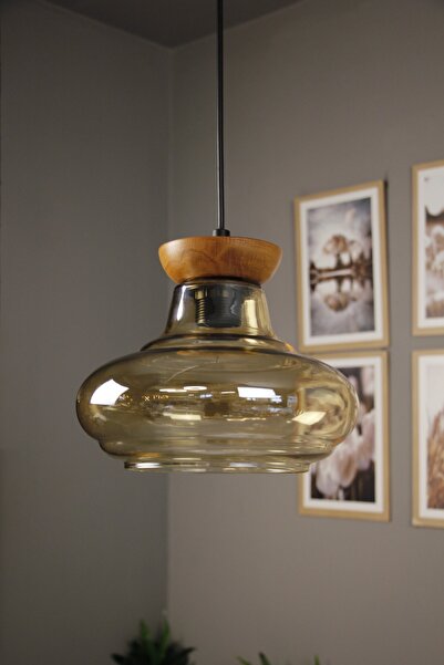 Bamyum Lumsa Cam Bal Rengi Tekli Avize Ahşap Tabak Başlık Retro Sarkıt Lamba ...