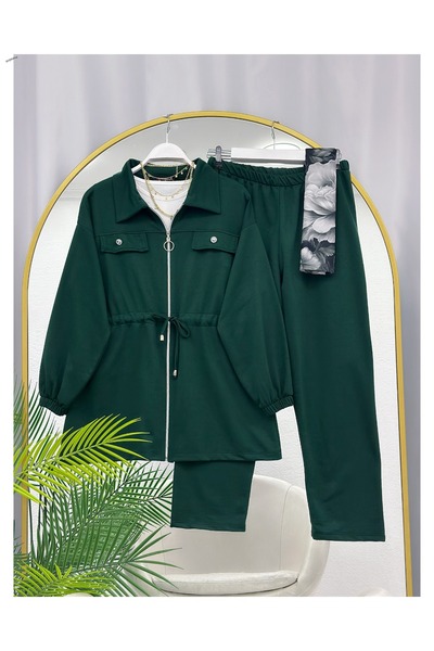 YEDİLALE Shirt Collar Zippered Lace-Up Double Set [Includes Jacket and Pants]