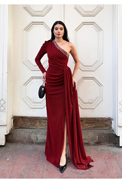 Modafeminen Flowers Pearl Detailed One Shoulder Evening Dress 583371 Red