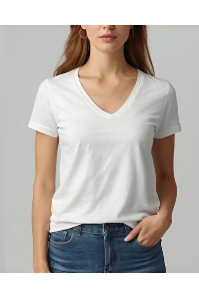 Leirose تي شيرت نسائي أساسي مصنوع من القطن بنسبة 100% برقبة على شكل حرف V - أبيض