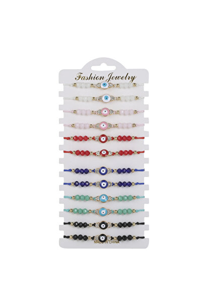 Choice 12pcs 12pcs/set Colorful Crystal Alloy Eyes Charms Bracelet Set Resin Beads Rope Adjustable Bracelet