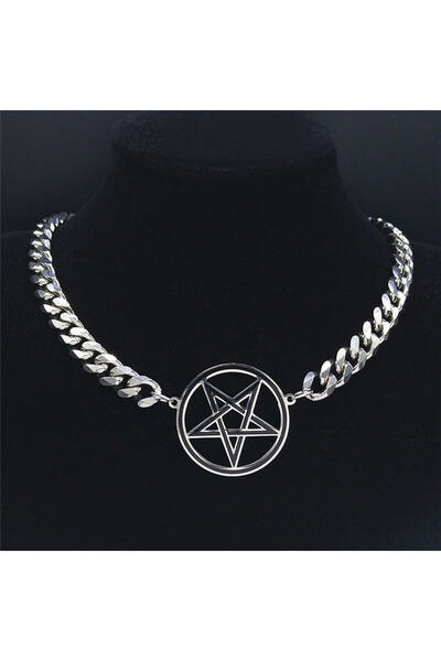 Choice A 40cm 10cm LMcu SR Punk Pentacle Inverted Pentagram Necklace for Men Clavicle Cuban Chain Stainless
