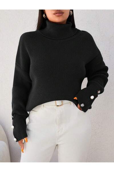 Get Crazy Women's Turtleneck Cufflink Detailed Knitwear Sweater