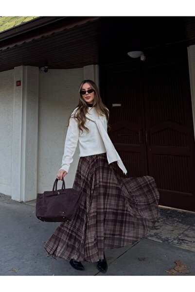 Laluvia Dark Brown Chiffon Plaid Skirt - 0613