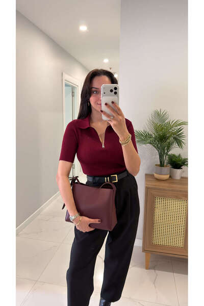 BİRCANÇİL Tricotaj cu fermoar cu guler polo MD Busa Burgundy