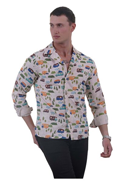 Exve Exclusive Colorful Caravan on Beige Printed Camping and Nature Themed Slim Fit Shirt