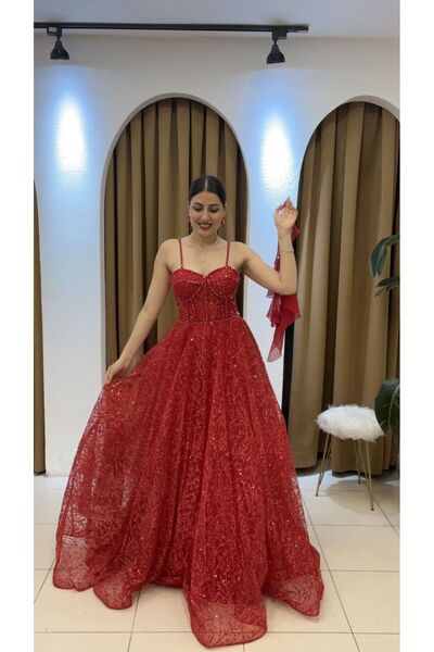 SUNAYBUTİK KIRMIZI KORSE DETAYLI SIRT BAĞÇIKLI KABARIK KINA ELBİSE