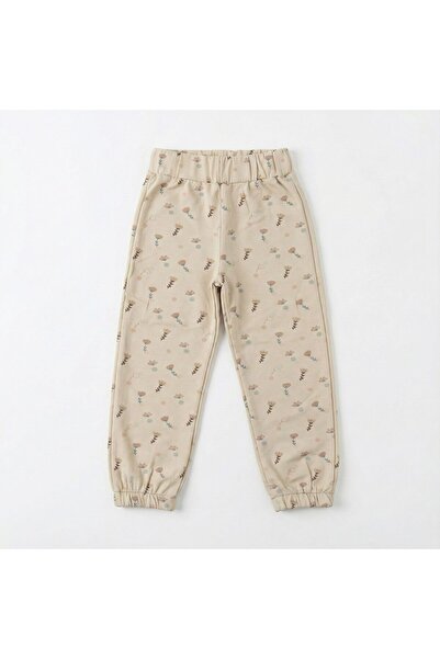 Peri Masalı Kız Çocuk Ekru Çiçek Desenli Lastikli Bel Pamuklu Alt Eşofman