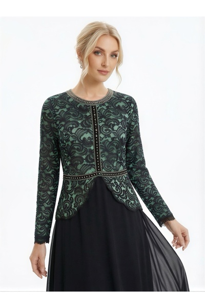 MİLLA Kadın Zümrüt Yeşili İki Parça Görünümlü Taş İşlemeli Güpür Dantelli Şifon Etekli Abiye Elbise