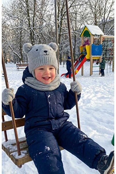 LAGRANZE Teddy Bear Patterned Children's Scarf, Beanie and Gloves Set