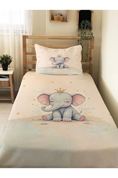 Evmila طقم بيكيه للأطفال بنقشة الفيل - غطاء بيكيه 160×230 سم مع غطاء وسادة 50...