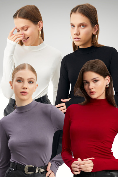 Ladima Women's Set of 4 Black White Burgundy Gray Finger Detailed Bodysuits