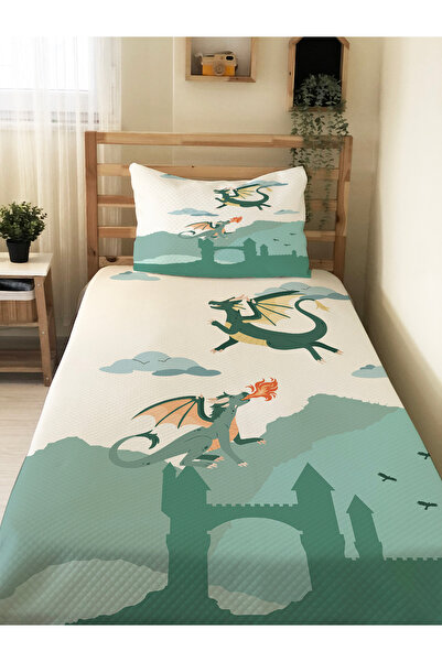 Evmila طقم بيكيه للأطفال بنقشة التنين - غطاء وسادة بيكيه مقاس 160×230 سم وغطا...