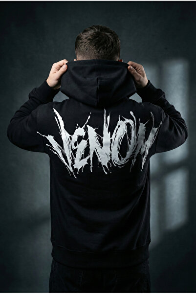 Liber Hanorac negru Venom supradimensionat Back cu imprimeu 3 Thread Ş cu căptușeală din fleece Hanorac