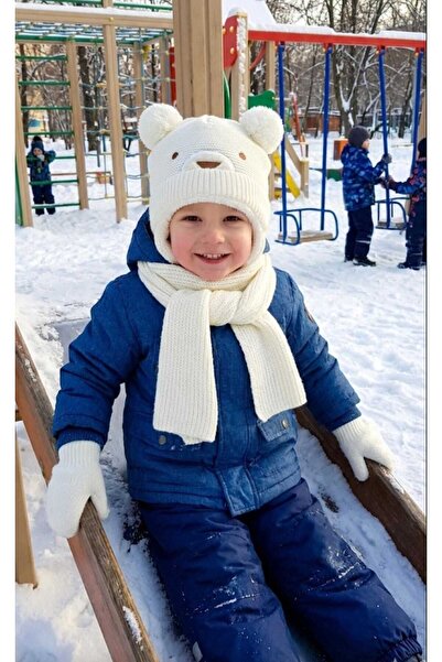 LAGRANZE Teddy Bear Patterned Children's Scarf, Beanie and Gloves Set