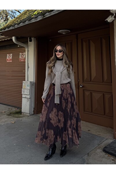 Laluvia Brown Ethnic Patterned Chiffon Skirt - 251102